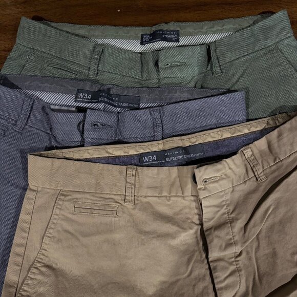 Set Of 3 Mens W34 Straight Fit Chinos By Denim Co. In Green Gray & Beige - Picture 16 of 16